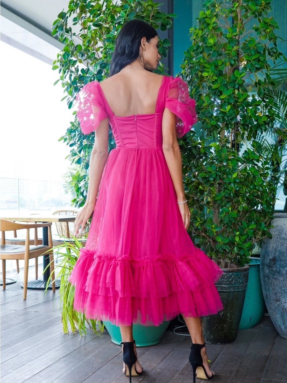 JAYNE BRIGHT PINK TULLE MIDI DRESS - Picture 2 of 3